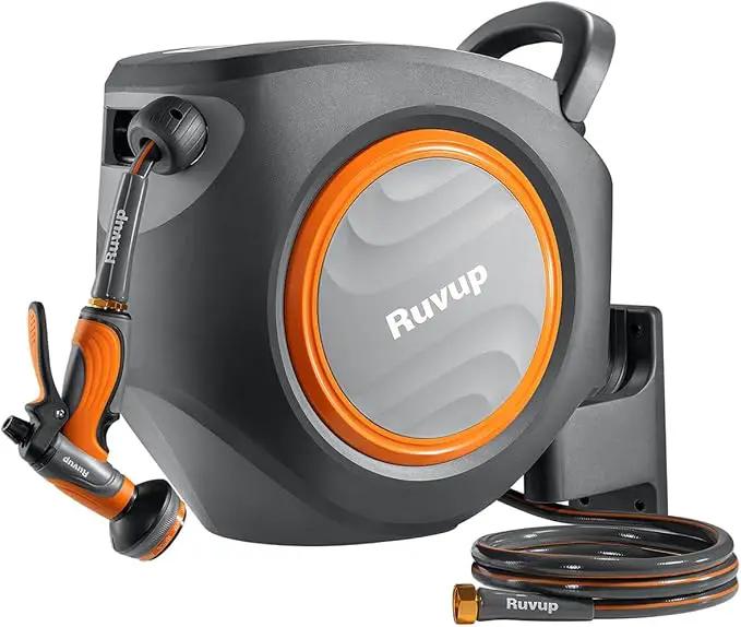 Ruvup Retractable Garden Hose Reel, 5/8in x 100ft Water Hose Reel with Metal Bracket, UV Resistant Automatic Hose Reel Wall Mount for Outside, Slow Retraction Any Length Lock 10 Spray Nozzle by GreenHaven Gardens