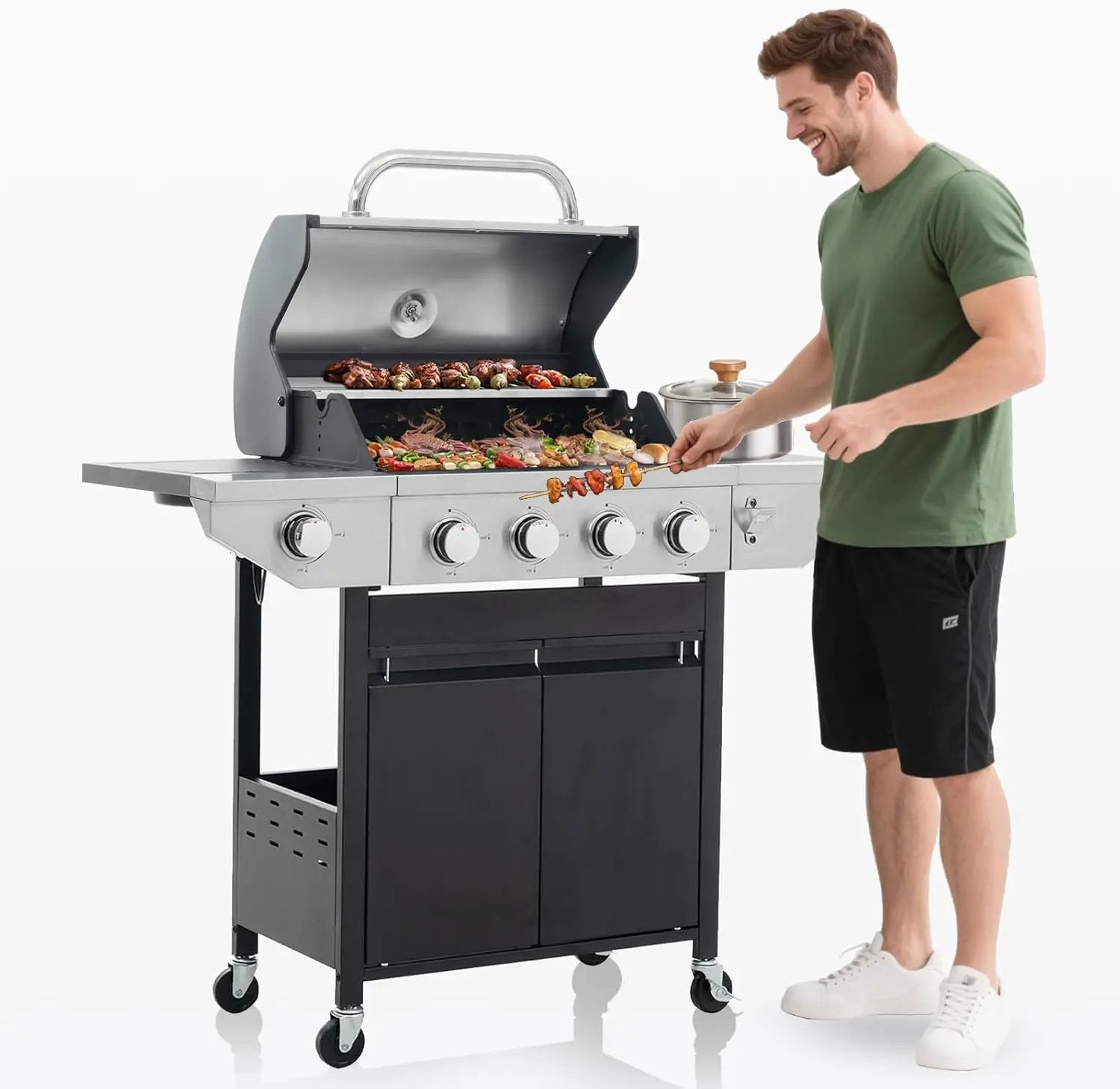 4-Burner Propane Gas BBQ Grill with Side Burner, Porcelain-Enameled Cast Iron Grates and Side Tables, 46,500 BTU Stainless Steel Grill for Outdoor Camping Barbecue Grilling Backyard Cooking by GreenHaven Gardens