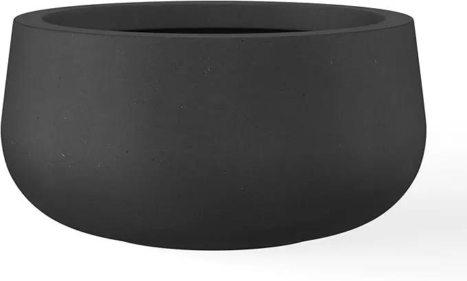 Kante 11.8" Dia Round Concrete Planter, Cement Plant Pots with Drainage Hole and Rubber Plug for Outdoor Indoor Garden Home, Modern Curvaceous Design, Black by GreenHaven Gardens