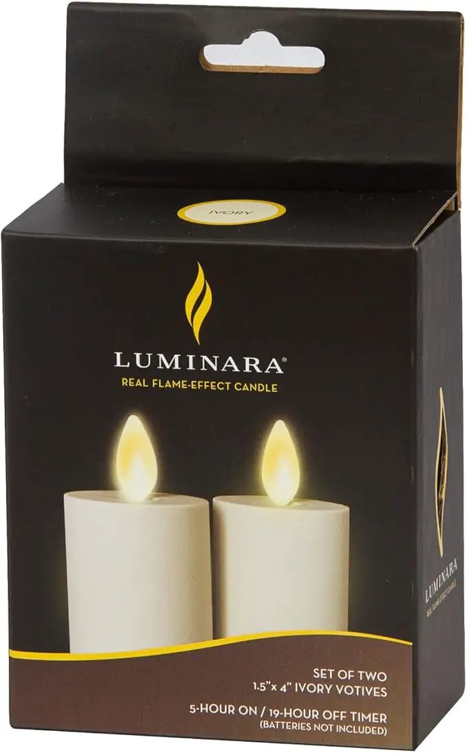 Luminara Outdoor Votive Flameless LED Candle, Set of 2 Ivory 1.5" x 4", Moving Flame Battery Operated Timer Remote Ready IPX4 Matte Plastic Finish by GreenHaven Gardens
