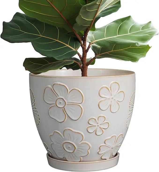 10 Inch Ceramic Planter Pot Large Plant Pot for Indoor Plants Outdoor Round Flower Pot with Drainage Hole and Saucer for Home Garden Decor White by GreenHaven Gardens
