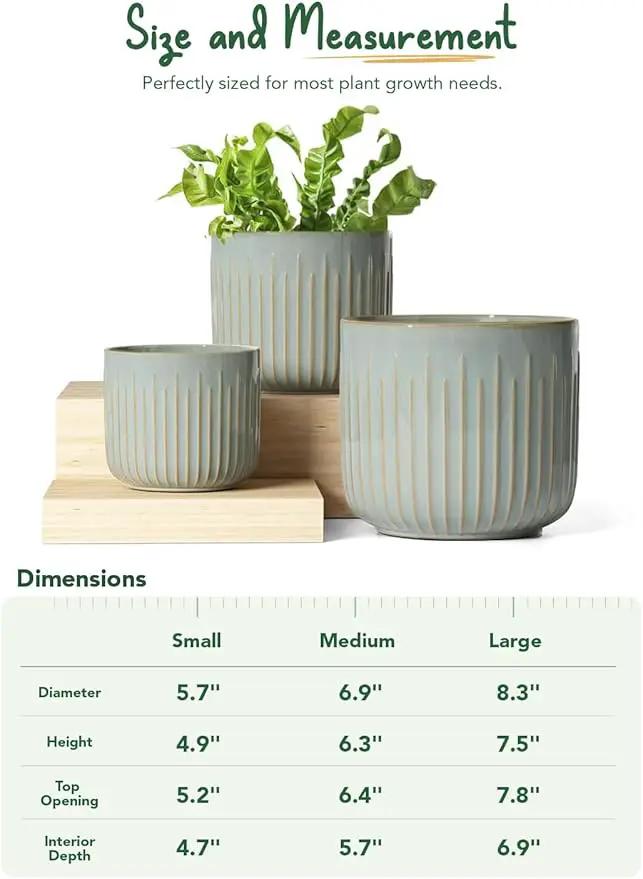 LE TAUCI Fluted Ceramic Planters Set of 3 – 8.3/7 / 5.7 in Blue Gray Reactive Cylinder Indoor Plant Pots with Drainage Plug & Mesh, Glossy Stoneware Flower Pots for Succulents Herbs by GreenHaven Gardens