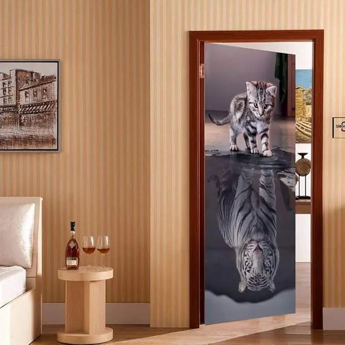 3D Peel and Stick Wall Murals - Cat Becomes Tiger - Self-Adhesive Removable PVC Waterproof Door Poster for Bedroom & Living Room - 34.6" x 78.7" by GreenHaven Gardens