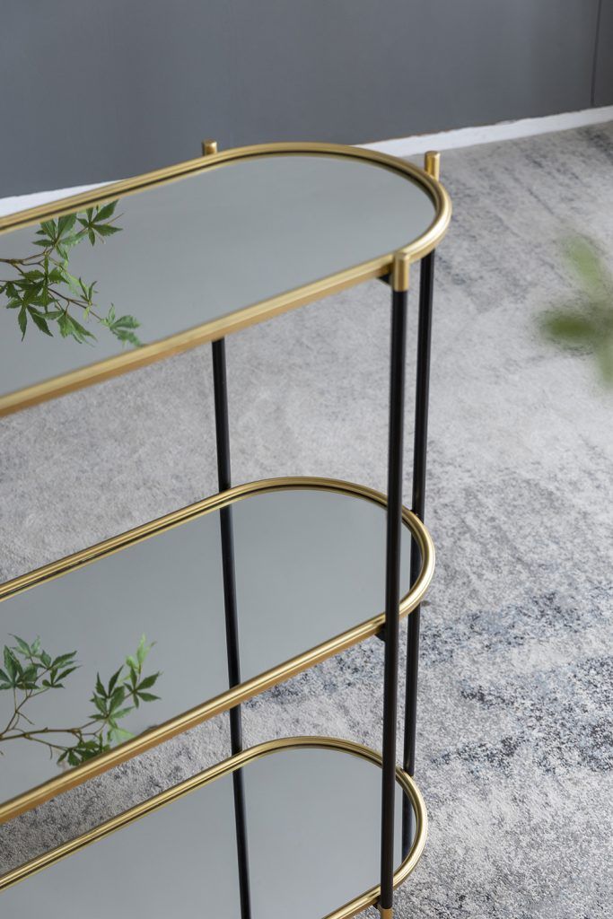 3 Tier Metal Console Table, Mirrored Shelf - Golden Black by HouseOfZazla
