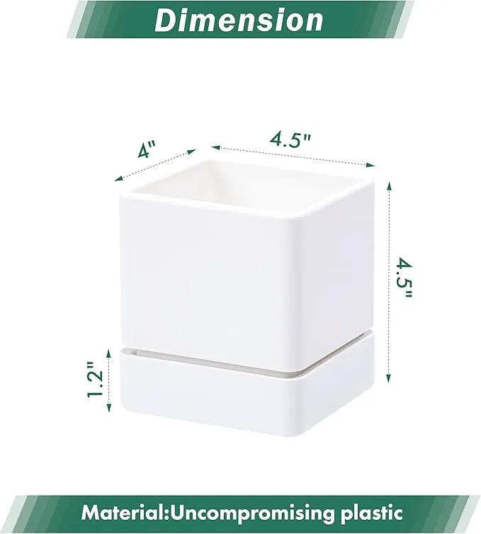 4 Inch Herb Planter Pot, Plastic Planter with Drainage Holes and Saucer, Modern Decorative Gardening Pot for Indoor Plants, Flowers, Herbs, Succulents, White, Set of 2, 76-Y-A-2 by GreenHaven Gardens
