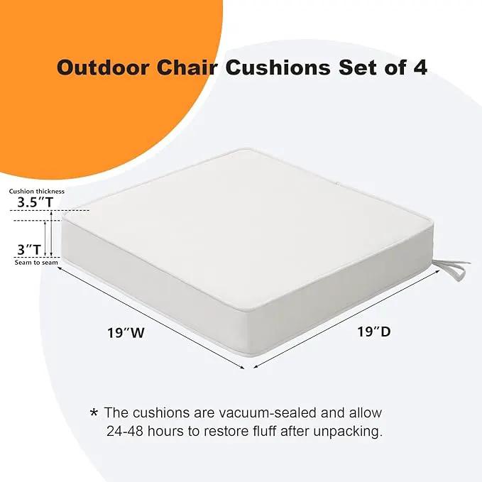 Square Corner Seat Cushions, 19" x 19" x 3", Set of 4, Indoor Outdoor Water Repellent Universal Chair Pads with Ties for Patio Furniture, Garden Deck Dining Chairs, Linen by GreenHaven Gardens