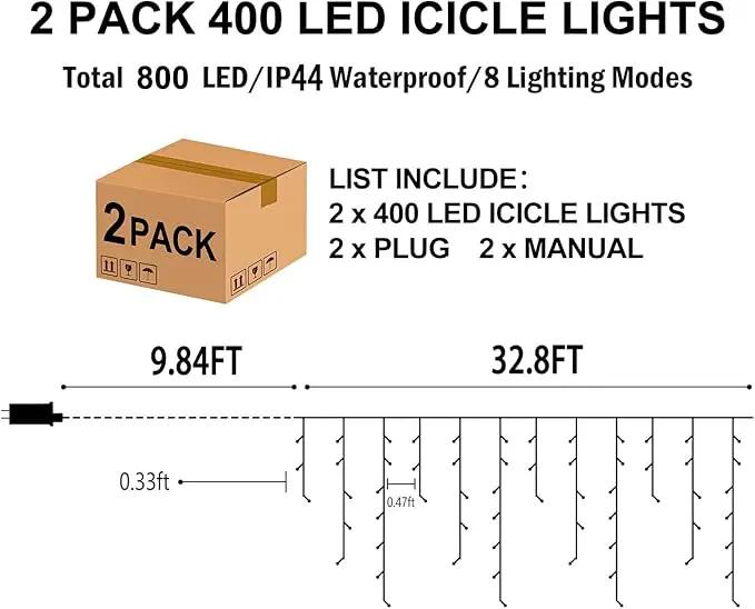 Hezbjiti 2Pack Total 800LED Ice Lights 32.8FT Christmas Lights String Lights Outdoor Decoration 8 Modes 75 Drops Fairy Lights for Eaves Party Yard Garden Xmas Decor by GreenHaven Gardens