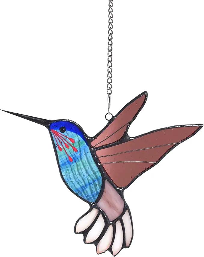 Lolitarcrafts Stained Glass Hummingbird Window Hangings with Flowers, Bird Stained Glass Suncatcher for Window Decor Hummingbird Gifts for Mom,Bird Lovers (Blue B) by GreenHaven Gardens