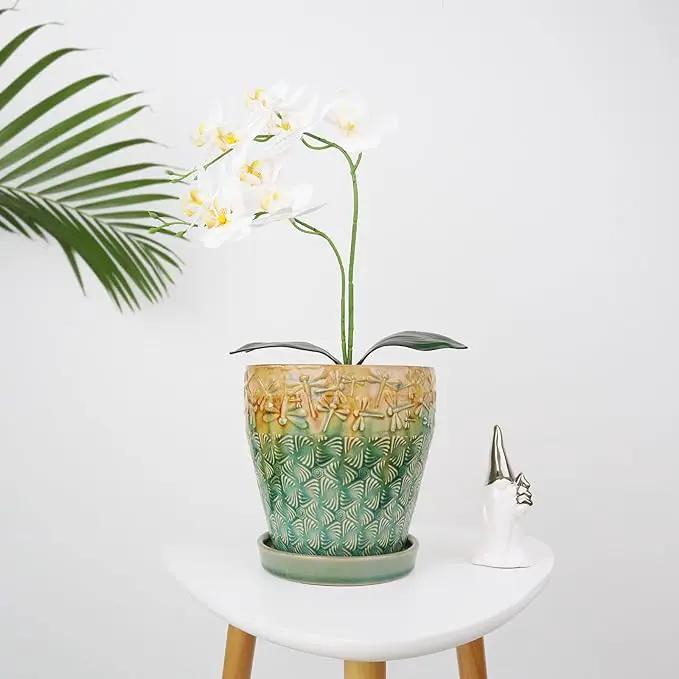 6 Inch Ceramic Planter with Drainage Hole and Saucer for Plants, Indoor-Outdoor Large Round Succulent Orchid Flower Pot, Set of 2 by GreenHaven Gardens