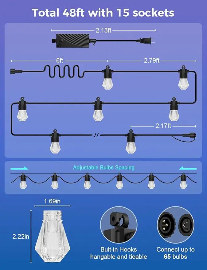XMCOSY+ 48FT Smart Outdoor String Lights - RGBCWIC Dimmable Acrylic Bulbs, Color Changing LED Patio Lights APP WiFi Control, Compatible with Alexa, IP65 Waterproof Outside Lights for Yard Porch by GreenHaven Gardens
