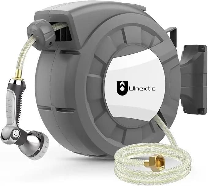 Retractable Garden Hose Reel,1/2 in x 50 ft Wall Mounted Hose Reel,10-Pattern Spray Nozzle, Any Length Lock/Slow Return System/Wall Mounted/180°Swivel Bracket by GreenHaven Gardens