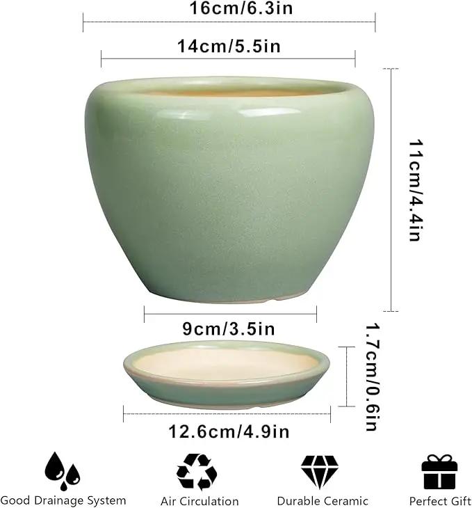 6 Inch Plant Pot - Ceramic Planter for Indoor Plants Round Planter Outdoor Plant Pot with Drainage Hole and Saucer Modern Flower Pot for Succulent Garden Green by GreenHaven Gardens