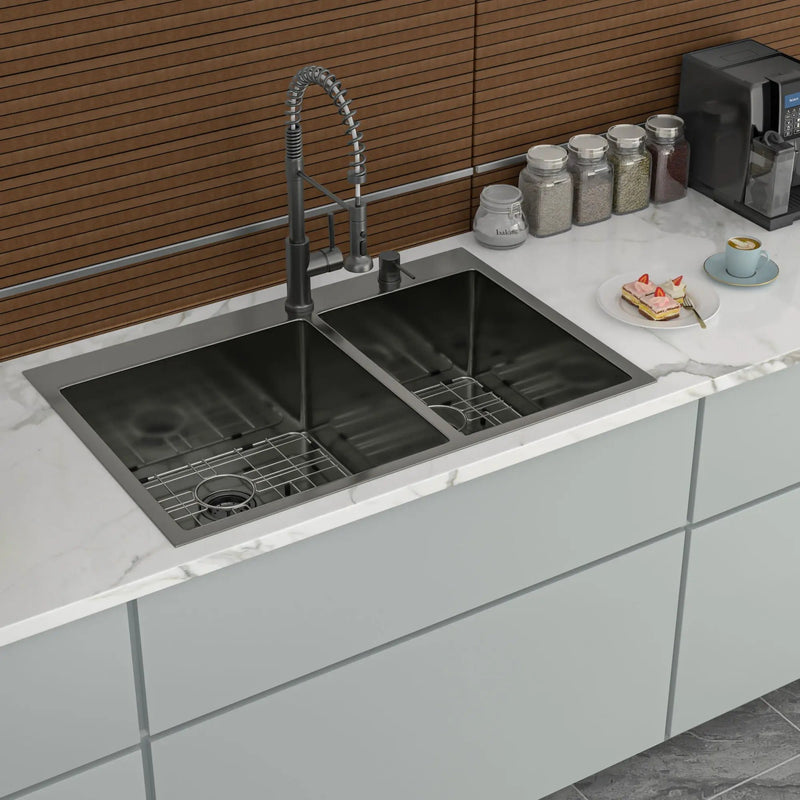 Double Bowl Drop-In Sink With 2 - 9" Deep Basins - Gunmetal Black by HouseOfZazla