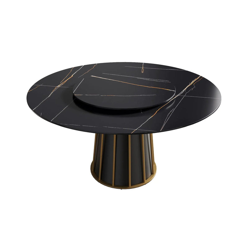 Modern Artificial Stone Round Metal Iron Base Dining Table, Can Accommodate 8 People Artificial Stone Turntable (Not Including Chairs) - Black by HouseOfZazla