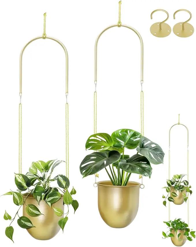 AceList Gold Hanging Planter Set of 2-5.51 Inch Hanging Planters for Indoor Plants, Home, Balcony, Garden, and Patio - Window Hanging Planters with Hemp Rope by GreenHaven Gardens