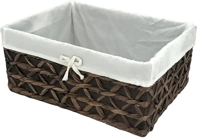 Basket of Rectangular Woven Seagrass Storage Bin with Handle,Kingwillow. (Wood&water hyacinth, Set of 3) by GreenHaven Gardens