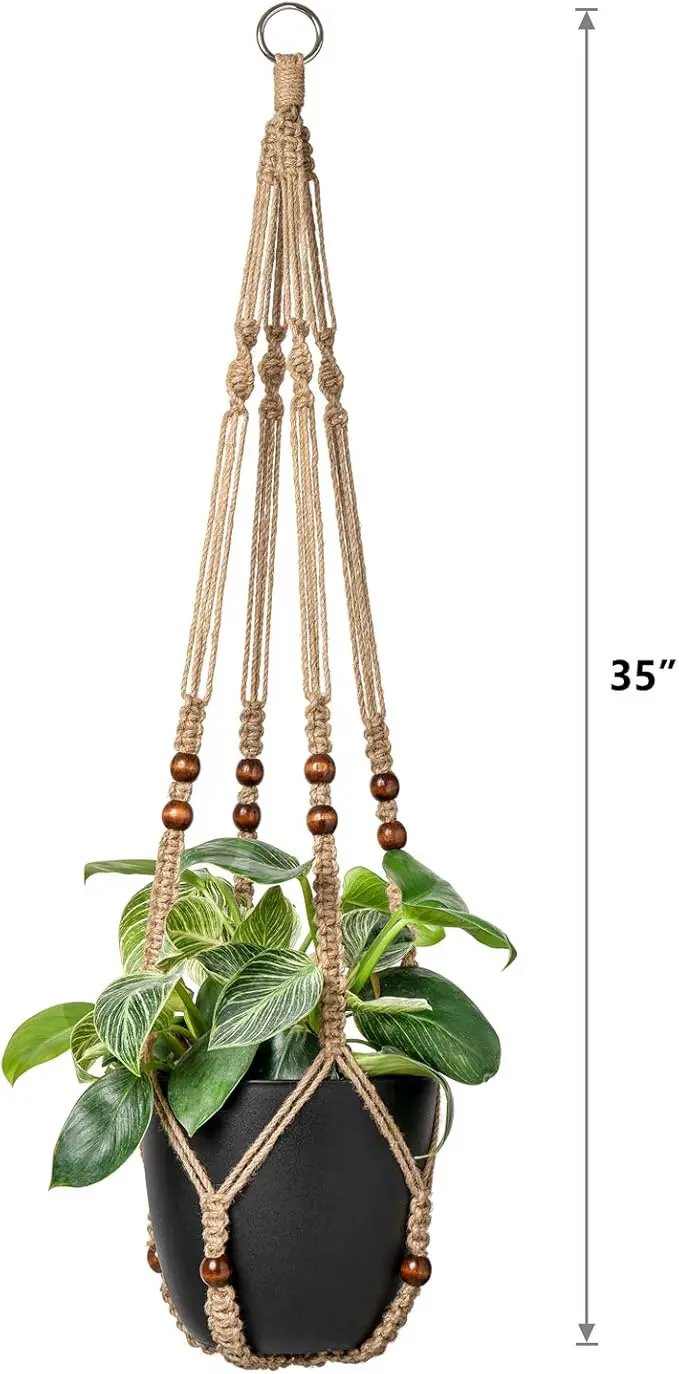 Mkono Macrame Plant Hanger Indoor Hanging Planter Basket with Wood Beads Decorative Flower Pot Holder No Tassels for Indoor Outdoor Boho Home Decor 35 Inch, Brown, Set of 3 (POTS NOT Included) by GreenHaven Gardens