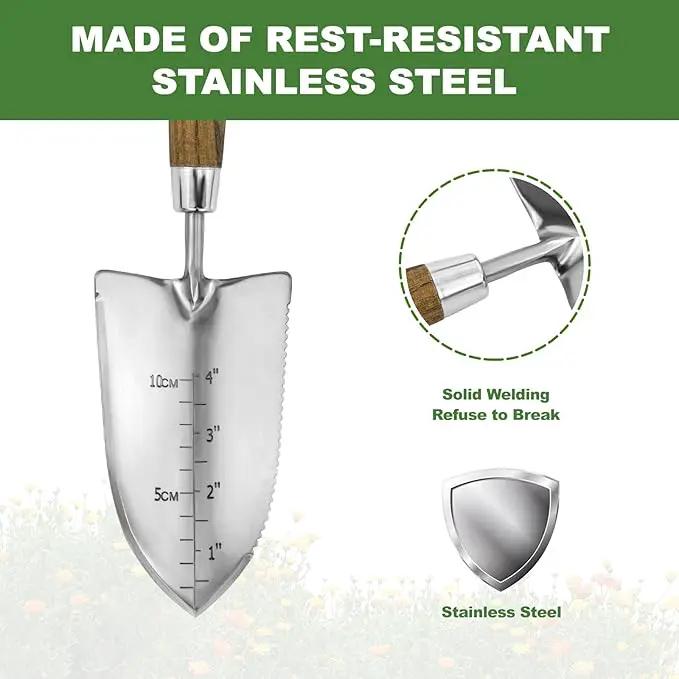 Haliaeetus Garden Trowel with Serrated Edge, 4'' Depth Marks Planting Shovel, V-Shaped Sharp Edge Garden Shovel, Stainless Steel Hand Shovel with Comfortable Wood Handle for Planting and Weeding by GreenHaven Gardens