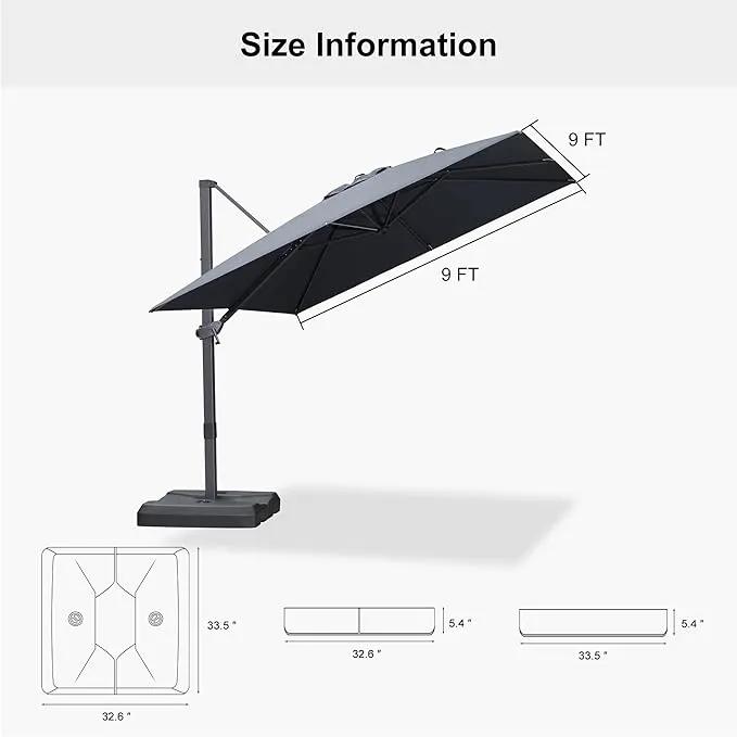 PURPLE LEAF 9' × 9' Patio Cantilever Umbrella with Base Outdoor Square Adjustable Offset Umbrellas with 360-degree Rotation and 8 Heavy Duty Metal Ribs for Garden Deck Pool Grey by GreenHaven Gardens