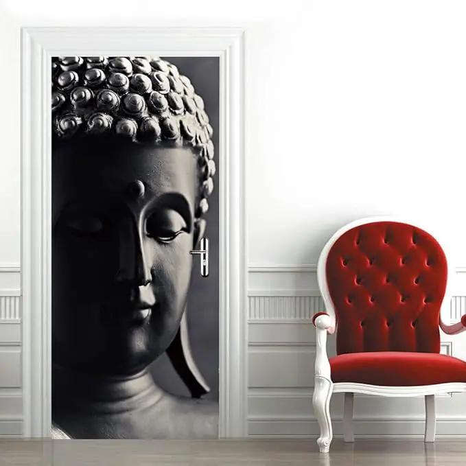 3D Door Stickers Murals - Buddha Statue - Peel and Stick - Waterproof & Washable - Black - Traditional Style - Rectangular - 34.6" x 78.7" - 2 Pieces by GreenHaven Gardens