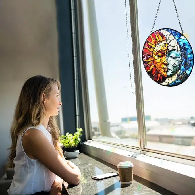 Sun and Moon Decor Stained Glass Window Hanging Suncatchers - Sun Catchers Indoor Window Christmas Decorations - Stained Glass Suncatcher with Hooks and Chain - Celestial Decor Gift for Men Women by GreenHaven Gardens
