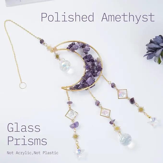 Amethyst Crystals Suncatcher - Hanging Moon Sun Catcher with Glass Prisms for Windows, Healing Amethyst Crystal Decor for Home, Gift for Christmas Birthday Valentine Mothers Day by GreenHaven Gardens