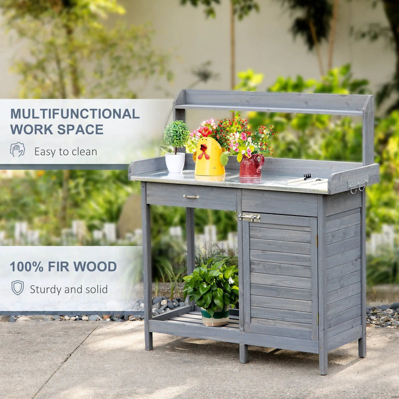 Outsunny - Outdoor Potting Bench Table, Garden Work Station With Storage Cabinet, Open Shelf And Steel Tabletop - Gray by HouseOfZazla