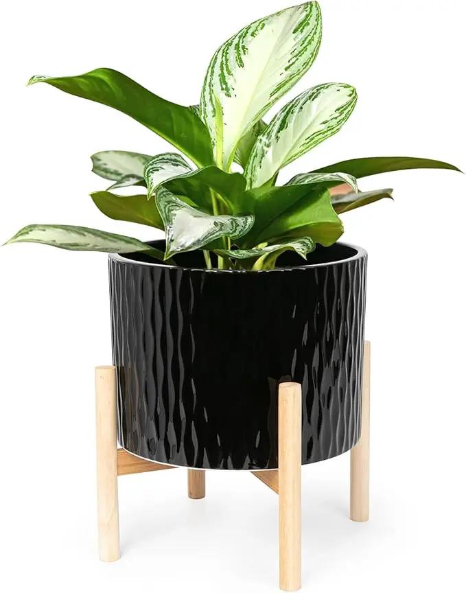 LaDoVita Ceramic Plant Pot with Stand, 10 Inch Planter with Wood Shelf, Modern Round Flower Pots Indoor with Wood Planter Holder, Black Water Ripple Pattern by GreenHaven Gardens