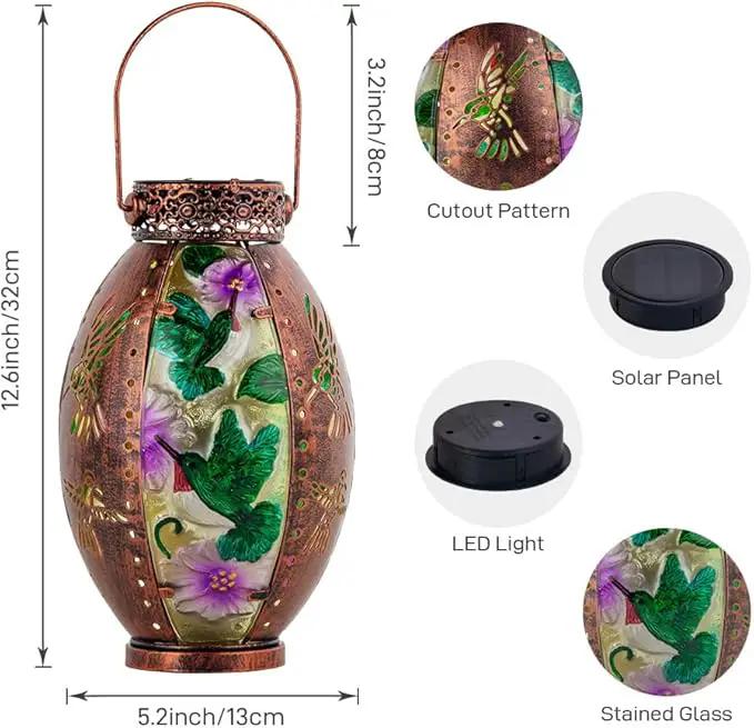 Starsoul Hummingbird Solar Lantern Stained Glass & Metal Outdoor Lantern Waterproof Hummingbird Hanging Metal Decorative Lights for Patio Table Garden Pathway Yard by GreenHaven Gardens