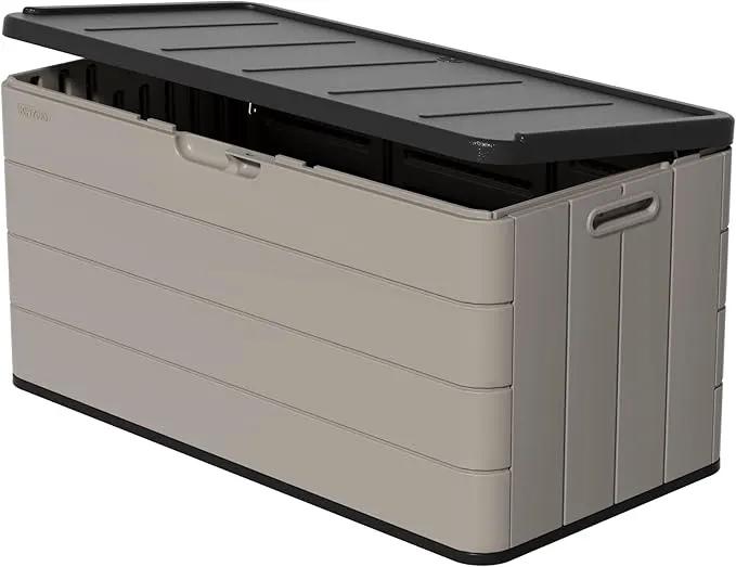 Heavy-Duty 100 Gallon Outdoor Storage Bench - Waterproof Patio Deck Box for Outside Use, Lockable Resin Storage with UV Protection, Granite Grey by GreenHaven Gardens