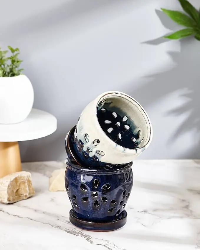 vensovo 4 Inch Ceramic Orchid Pots with Holes and Saucers - 2 Pcs Small Succulent Pot for Repotting, Garden Flowerpots for Plants Indoor and Outdoor Promotes Air Circulation (Blue, Blue Mixed) by GreenHaven Gardens