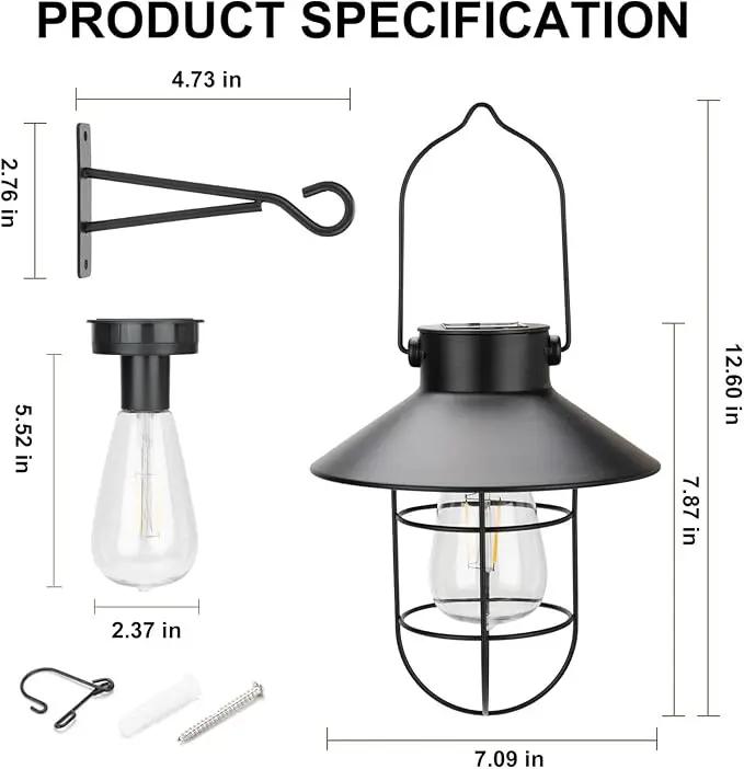 pearlstar Solar Lanterns Outdoor Metal Solar Powered Hanging Lights Waterproof for Wall Yard Garden Patio Garage Balcony Porch Fence Decor, Warm White Edison Bulb,with Wall Mount Kit（Black-1pack） by GreenHaven Gardens