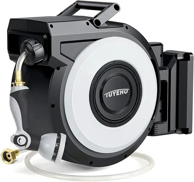 Tuyeho Retractable Garden Hose Reel 130 FT, Wall Mount Heavy Duty Water Hose Reels with Automatic Slow Rewind System, Outdoor Hoses Reel with 2 Hose Nozzles for Garden Watering, Car Wash, Pet Shower by GreenHaven Gardens