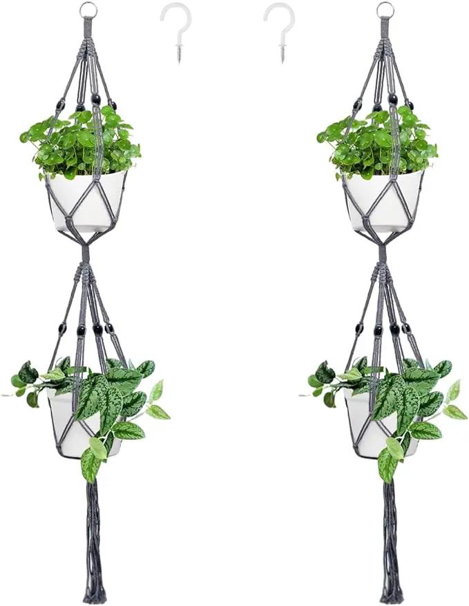 Belit 2 Pack Double Macrame Plant Hangers 2 Tier Hanging Planter Basket Decorative Flower Pot Holder Rope for Indoor Outdoor Home Decor 51 Inch, Grey by GreenHaven Gardens