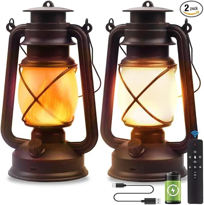 Lantern LED Battery Powered Camping Lamp Outdoor Hanging Lantern Flickering Flame Rechargeable Retro Lanterns Remote Control 4 Modes Light Non-Solar 2 Pack by GreenHaven Gardens