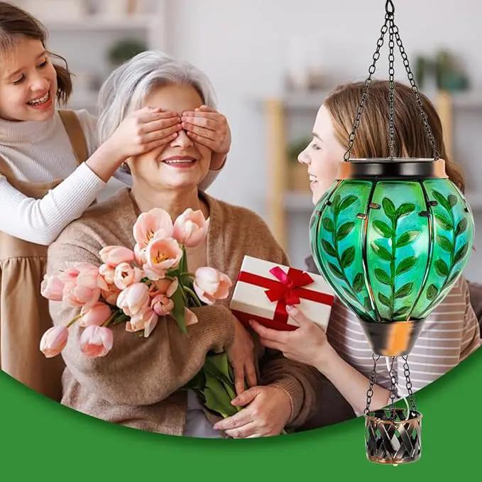 Green Leaf Hot Air Balloon Solar Lantern with Flickering Flame Light,Glass Hanging Solar Lanterns Outdoor Waterproof Hot Air Balloon Decor for Patio Party Yard Tree,Garden Gifts for Women Mom by GreenHaven Gardens