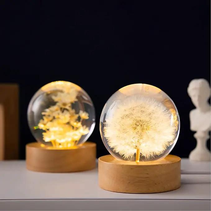 Flower Crystal Ball Night Light, 2.4 inch Glass Ball Night Lamp with Woodern Base (Yellow Daisy) by GreenHaven Gardens