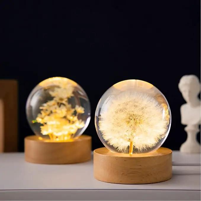 Flower Crystal Ball Night Light,2.4 inch Glass Ball Night Lamp with Woodern Base (Dandelion) by GreenHaven Gardens