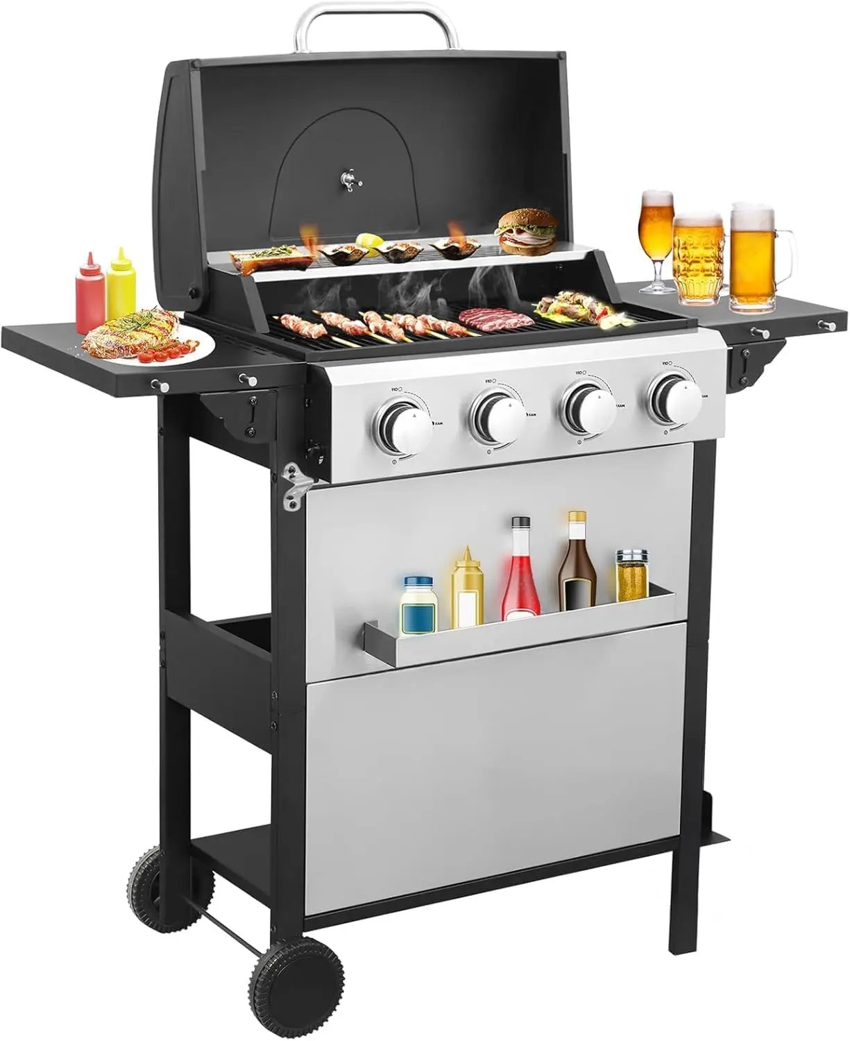 4 Burner Propane Gas Grill with Spice Rack, Foldable Side Tables, Durable Lid, Stainless Steel Burners, Built-in Thermometer, 34,200 BTU Gas Grill for Patio, Garden BBQ by GreenHaven Gardens