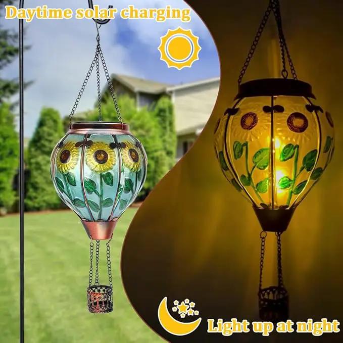 2PCS Solar Hot Air Balloon Lanterns with Flame with Shepherd's Hooks, Glass Hanging Flickering Lights Outdoor Waterproof for Garden Tree Yard Patio Mother's Day Gift, 18" H Sunflower by GreenHaven Gardens