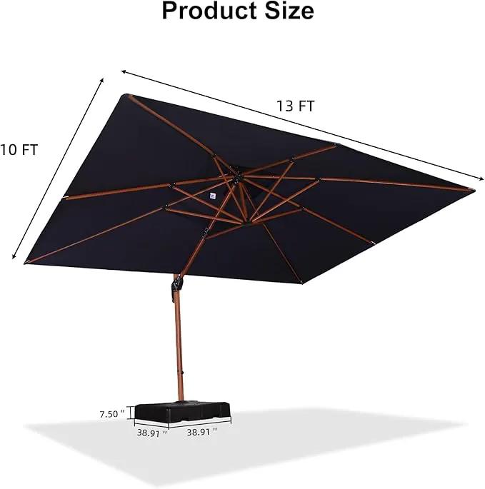 PURPLE LEAF 10' X 13' Double Top Deluxe Wood Pattern Rectangle Patio Umbrella with Base Offset Hanging Umbrella Outdoor Market Umbrella Garden Umbrella, Navy Blue by GreenHaven Gardens