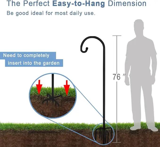 76 inch Outdoor Shepherd Hook with 5 Prong Base (2 Packs), Adjustable Heavy Duty Garden Hanging Stake for Bird Feeder Solar Light Plant Hanger Wedding Decor, Matte Black by GreenHaven Gardens