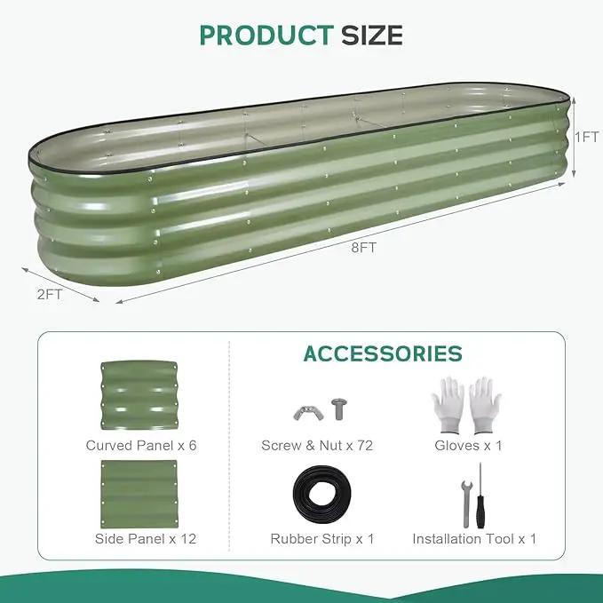 Galvanized Raised Garden Bed - 8×2×1ft Planter Raised Beds for Gardening | Oval Metal Garden Planter Box with Safety Edging and Bracing Rods for Vegetables Fruits and Flowers Oliver Green by GreenHaven Gardens