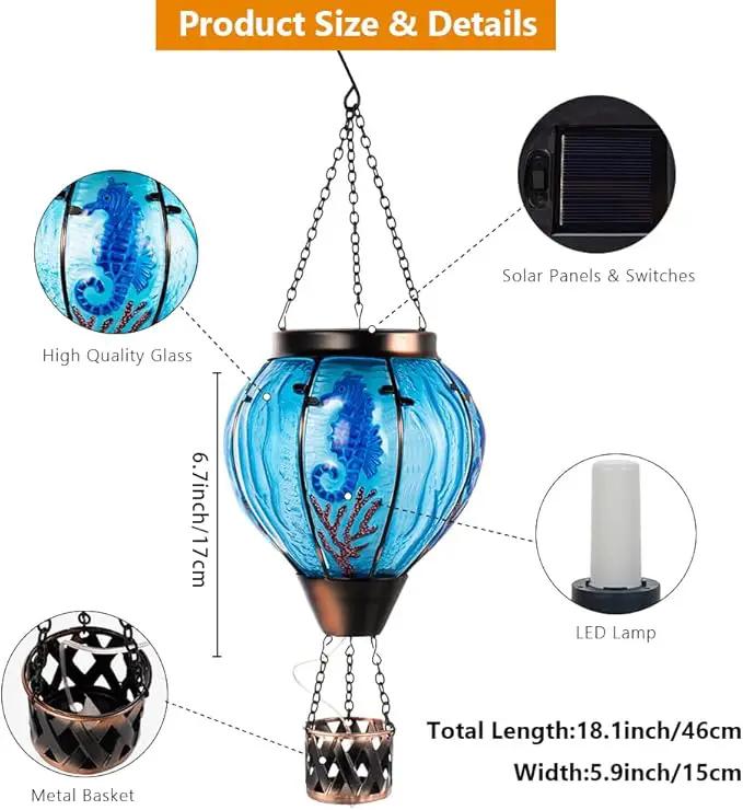 Seahorse Solar Hot Air Balloon Lantern with Flame Flickering Light,Glass Hot Air Balloon Solar Lanterns Outdoor Waterproof Hanging Outdoor Lights for Yard,Patio,Porch Garden Gift for Women by GreenHaven Gardens