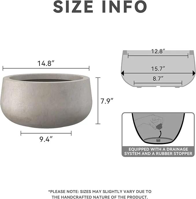 Kante 15.7" Dia Round Concrete Planter, Outdoor Indoor Garden Plant Pots with Drainage Hole and Rubber Plug, Modern Curvaceous Design, Weathered Concrete by GreenHaven Gardens