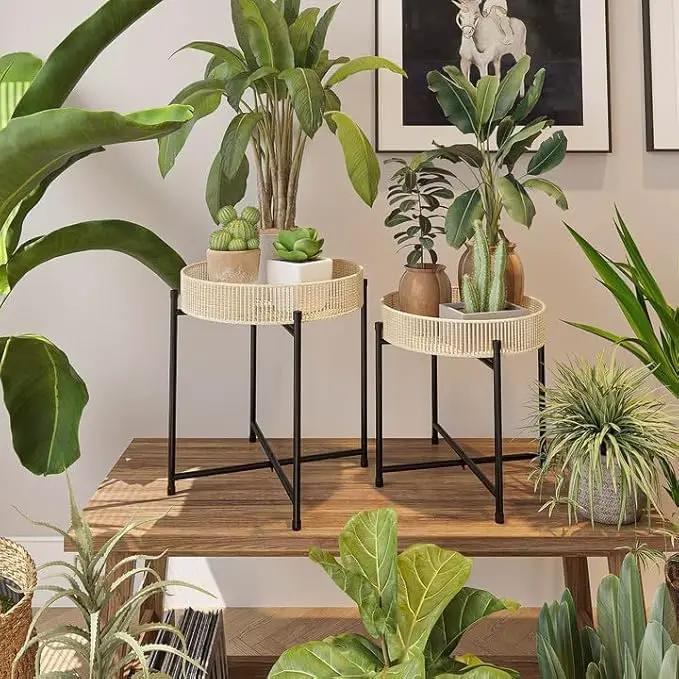 Bamworld Plant Stands Set of 2 Tall Plant Stand Indoor Rattan Plant Table for 5 Pots Plants Round Flower Stand Outdoor for Home Decor Balcony Patio by GreenHaven Gardens