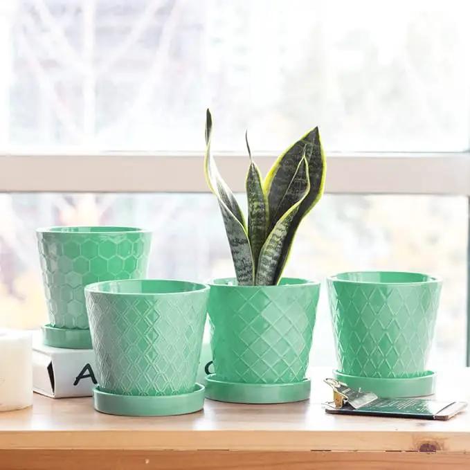 EFISPSS Flower Planter –5 inch Ceramic Plant Pots with Drainage Holes and Ceramic Tray - Gardening Home Desktop Office Windowsill Decoration Gift Set of 4 - Plants NOT Included by GreenHaven Gardens