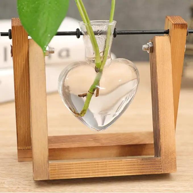 Kingbuy Terrarium with Wooden Stand, Desktop Propagation Station, Air Plant Holder, Metal Swivel Holder for Hydroponics, Home Garden, Wedding Decor - 1 Hearted Vase by GreenHaven Gardens