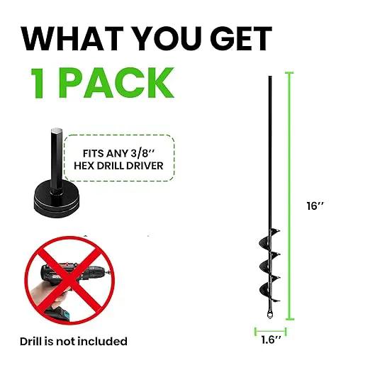 K-Brands Auger Drill Bit for Planting – 1.6 x 16 Inch - Garden Spiral Hole and Bulb Planter Tool for Umbrella Holes - Compatible with 3/8 Inch Hex Drive by GreenHaven Gardens