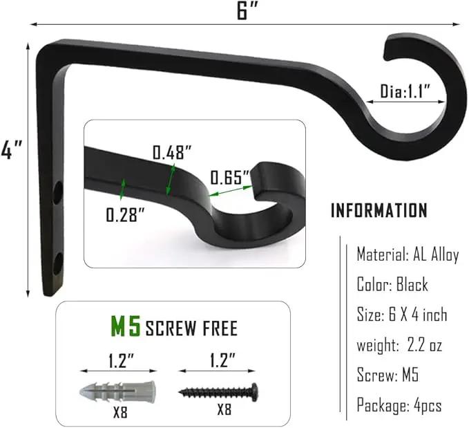 4Pack Hanging Plant Bracket 6inch Metal Plant Hook Shepherds Hook Decorative Wall Plant Hanger for Hanging Lanterns, Bird Feeder, Flower Basket, Home Decor Indoor & Outdoor (Black) by GreenHaven Gardens